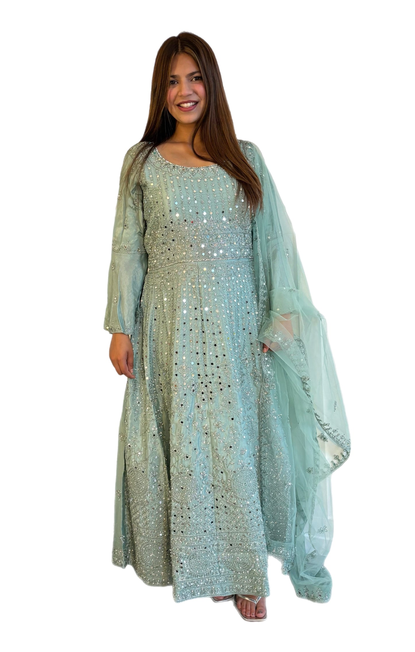 (60) Elegant Indian Embroidered Mirror Work Flared Frock – Three-Piece Wedding Party Ensemble | Ready to Wear