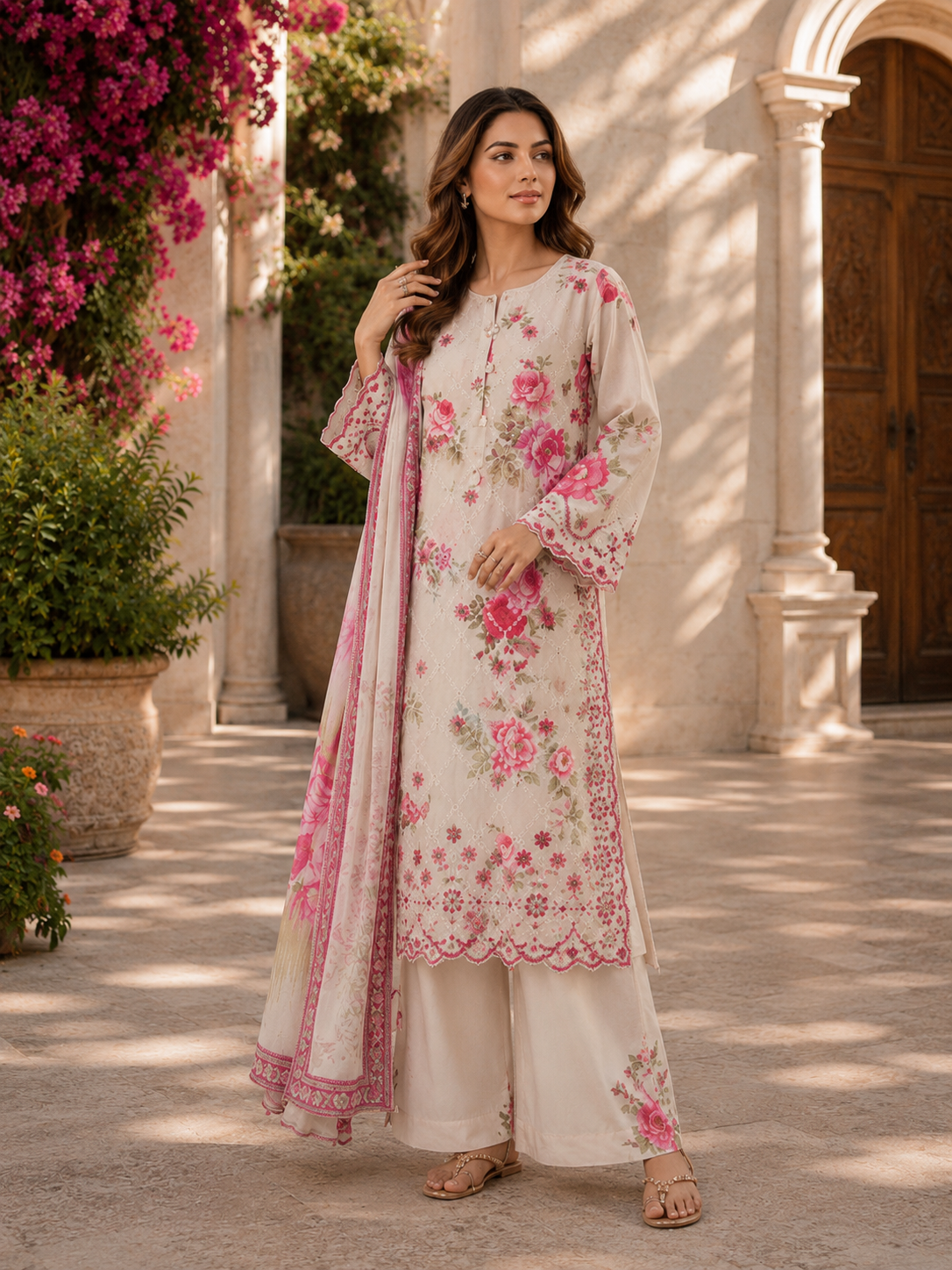 (208) Adan’s Libas Floral Lawn Suit | Lace Embroidery & Voile Dupatta