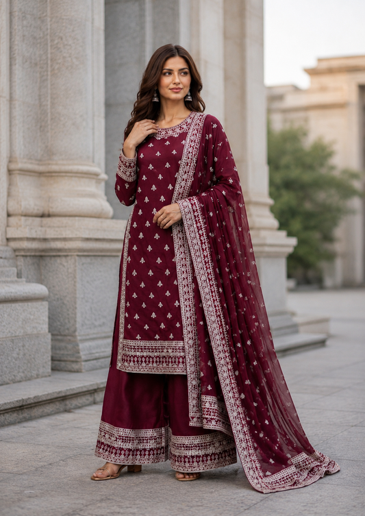 (327) Embroidered Chiffon Kameez | Gold Beaded Dupatta Set