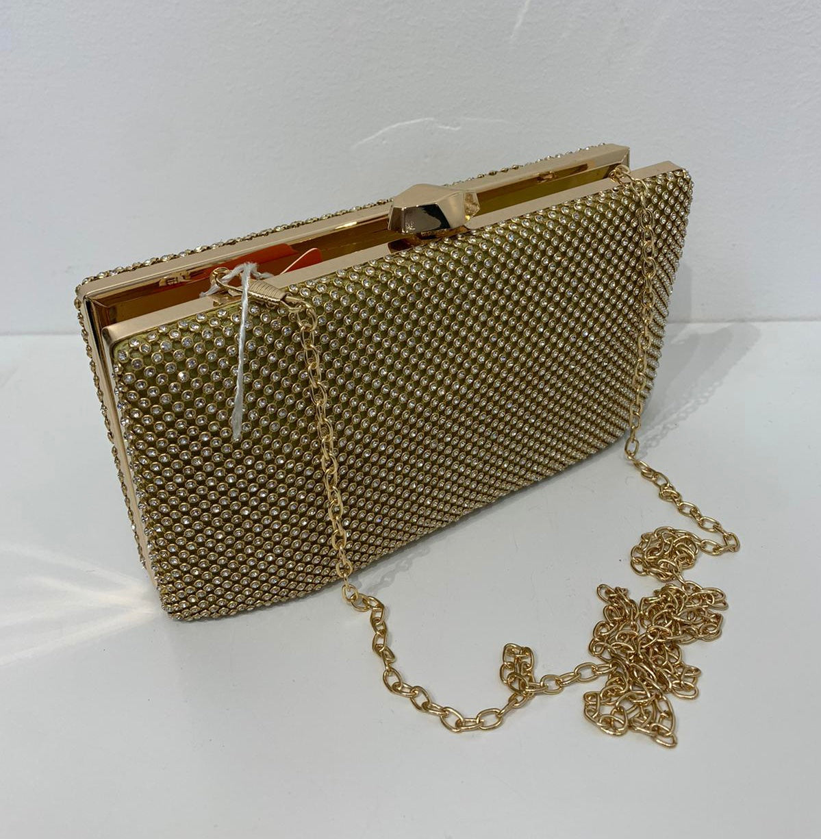 (237) Ladies Square Clutch Bag with Clasp Opening & Long Chain in Multiple Colours