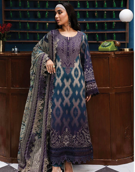 (158) Elegant Original Nureh Gardenia Printed Slub Linen Suit with Chiffon Dupatta