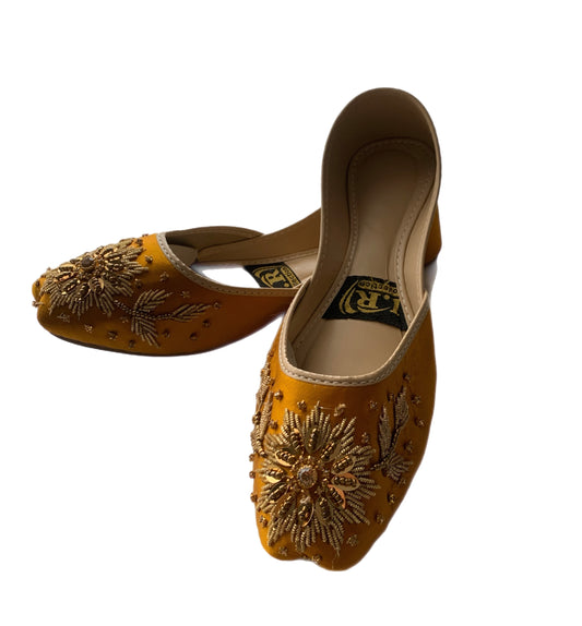 (S28) Handmade Suede Brown Khussa – Gold Embroidered Punjabi Jutti with Soft Foam & Non-Slip Sole