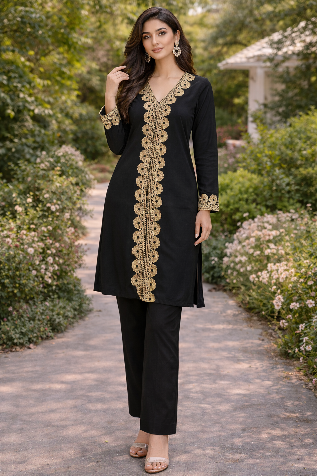(103) Embroidered Co-ord | Diamanté Easy-Flow viscose Set Comfy Pocket Trousers