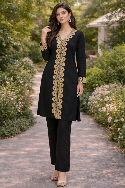 (103) Embroidered Co-ord | Diamanté Easy-Flow viscose Set Comfy Pocket Trousers
