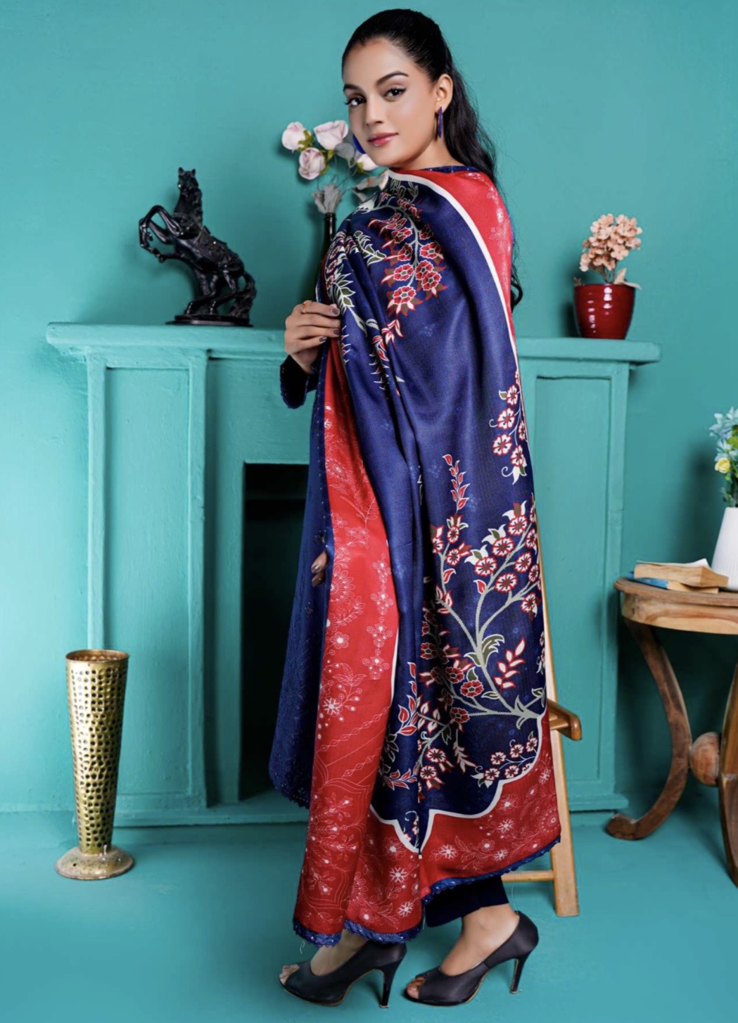(140) Luxury Pakistani Dhanak Embroidered Suit & Digital Printed Shawl