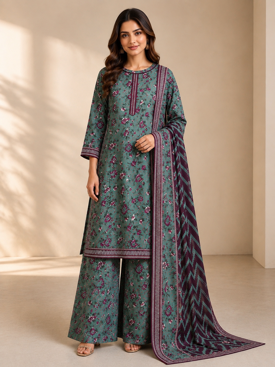 (94) Bin Saeed Elegant floral Lawn Suit Contrast Lace & Printed Dupatta Ready to Wear