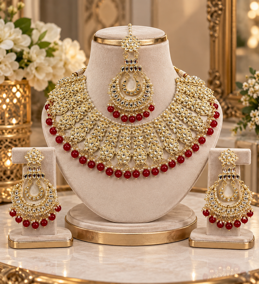 (J6) Pakistani elegant deep red silver diamonte jewelry set