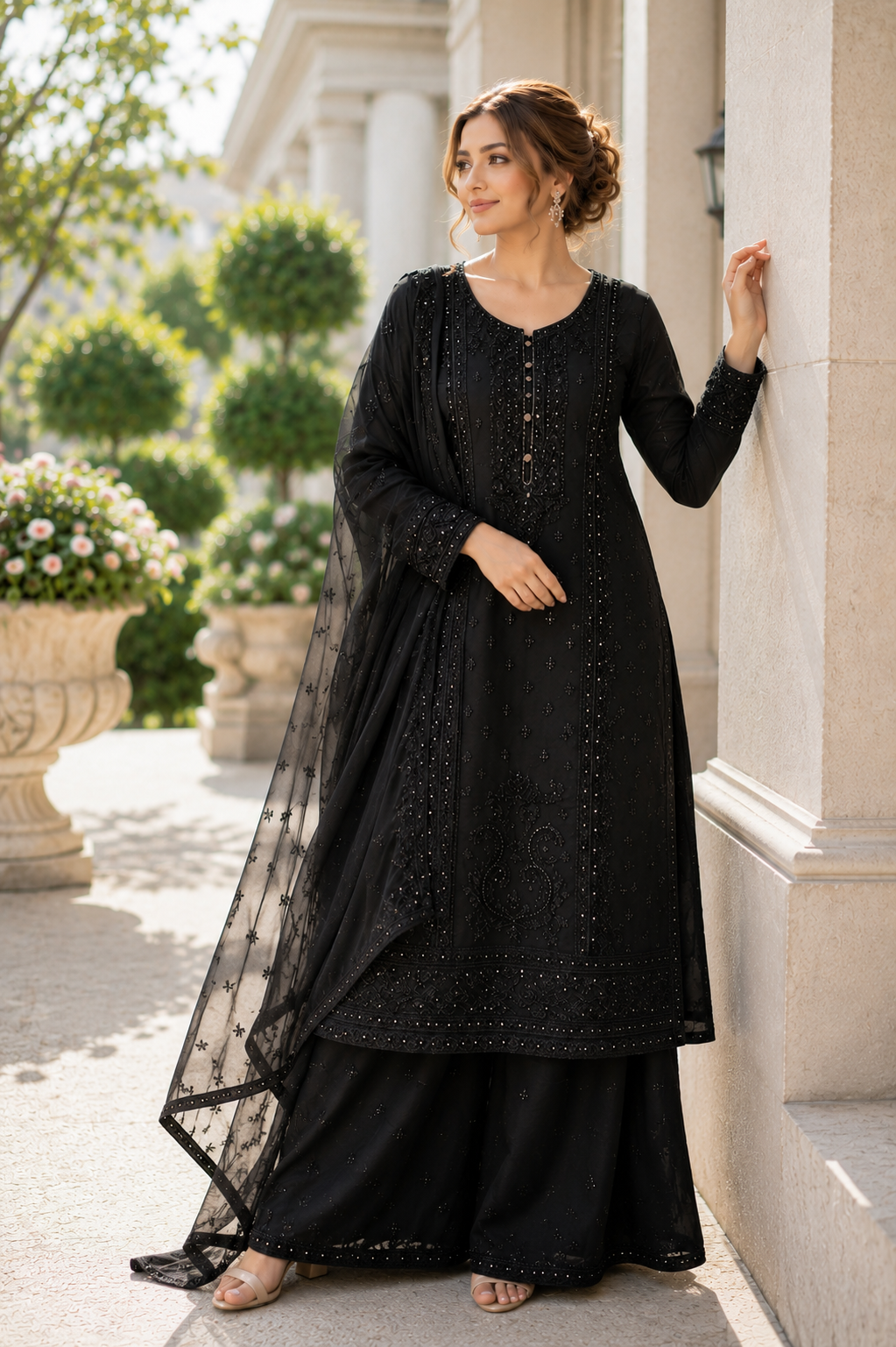 (237) Elegant Black Chiffon Suit | Mirror, Bead & Sequin Embroidery