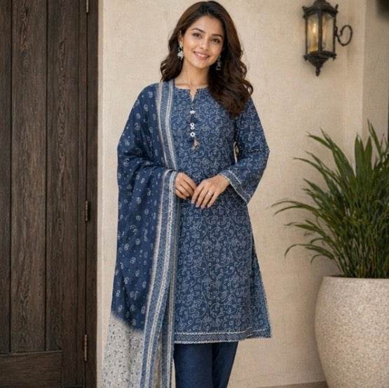 (115) Bin Saeed Lawn Suit | Paisley & Pearl Neck | Contrast Dupatta