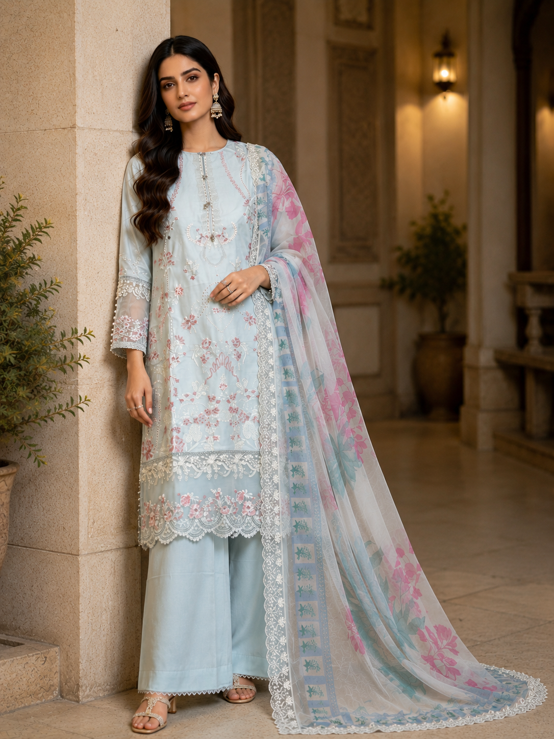 (6) Imrozia Rangreza pret lawn elegant pastel coloured lace thread cutwork embroidered park embellishment sleeves plazzo trousers chiffon duppatta ready to wear