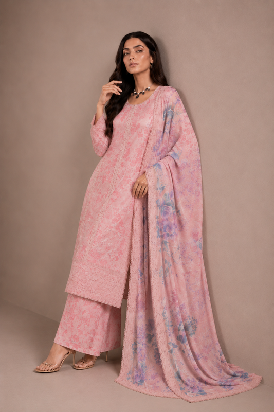 (212) Elegant Floral Printed Lawn Suit | Gold Thread & Sequin Embroidery