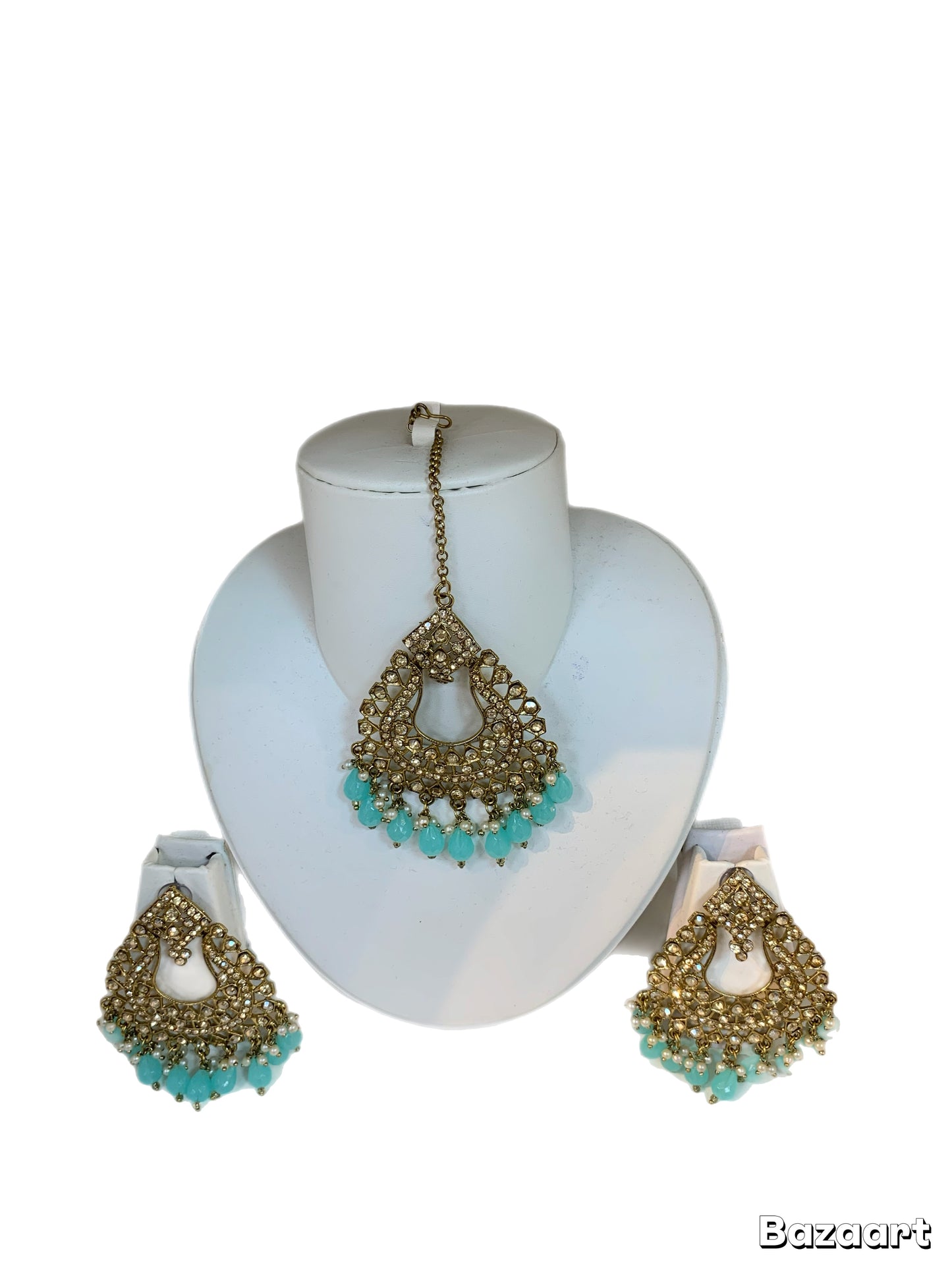 Pakistani ferozi gold diamonte tikka jewelry set