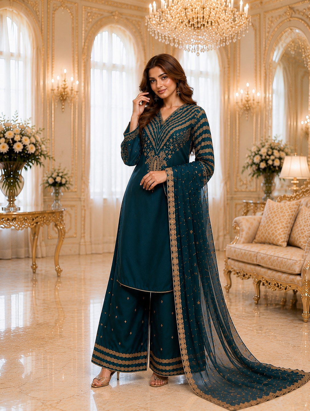 (291) Viscose Palazzo Suit | Gold Thread & Sequin Embroidery