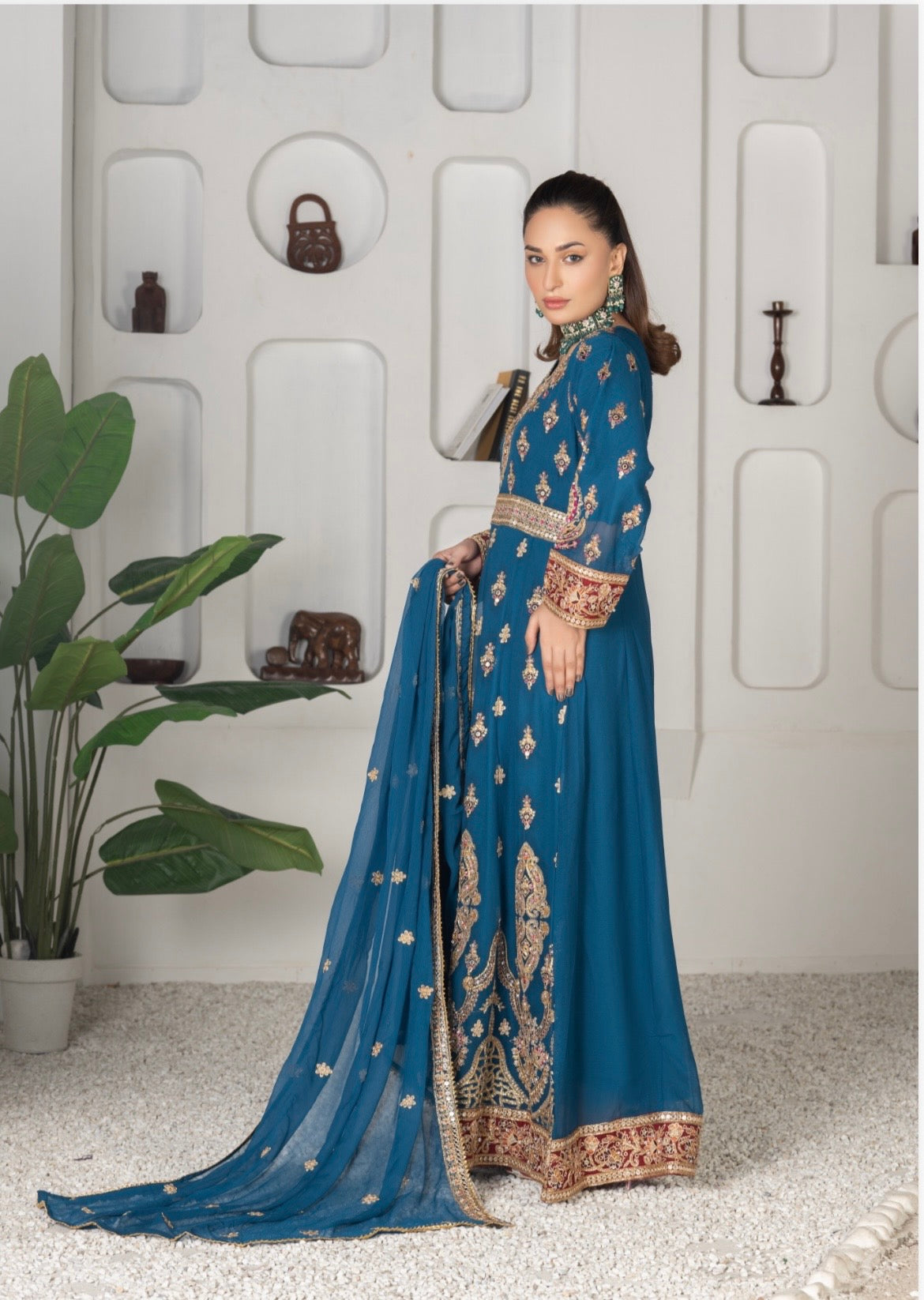 (105) Blue Crinkle Chiffon Anarkali | Gold Embroidery & Diamante Work