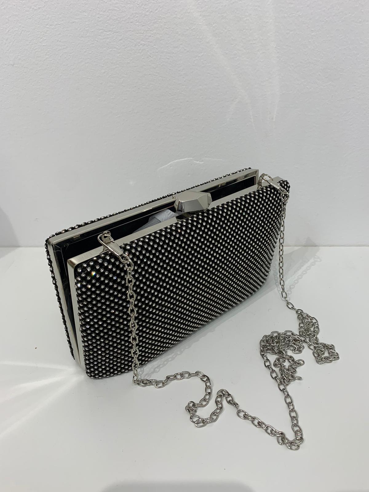 (237) Ladies Square Clutch Bag with Clasp Opening & Long Chain in Multiple Colours