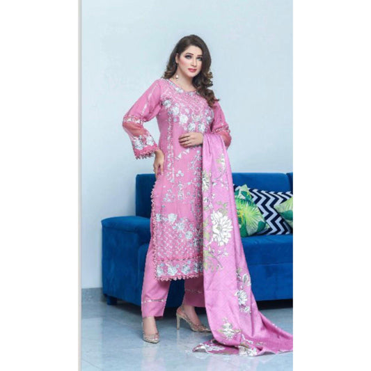 (97) Pakistani Dhanak Winter 3-Piece Suit: Handcrafted Embroidered Patches