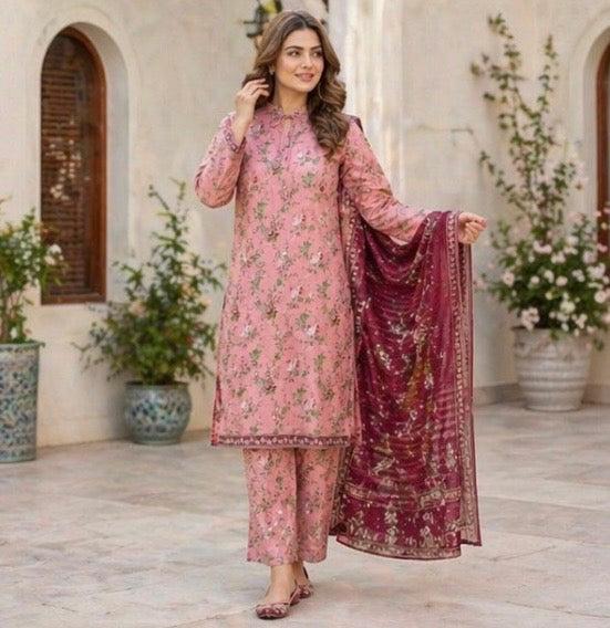 (117) Bin Saeed Lawn Suit | Floral Print & Contrast Dupatta