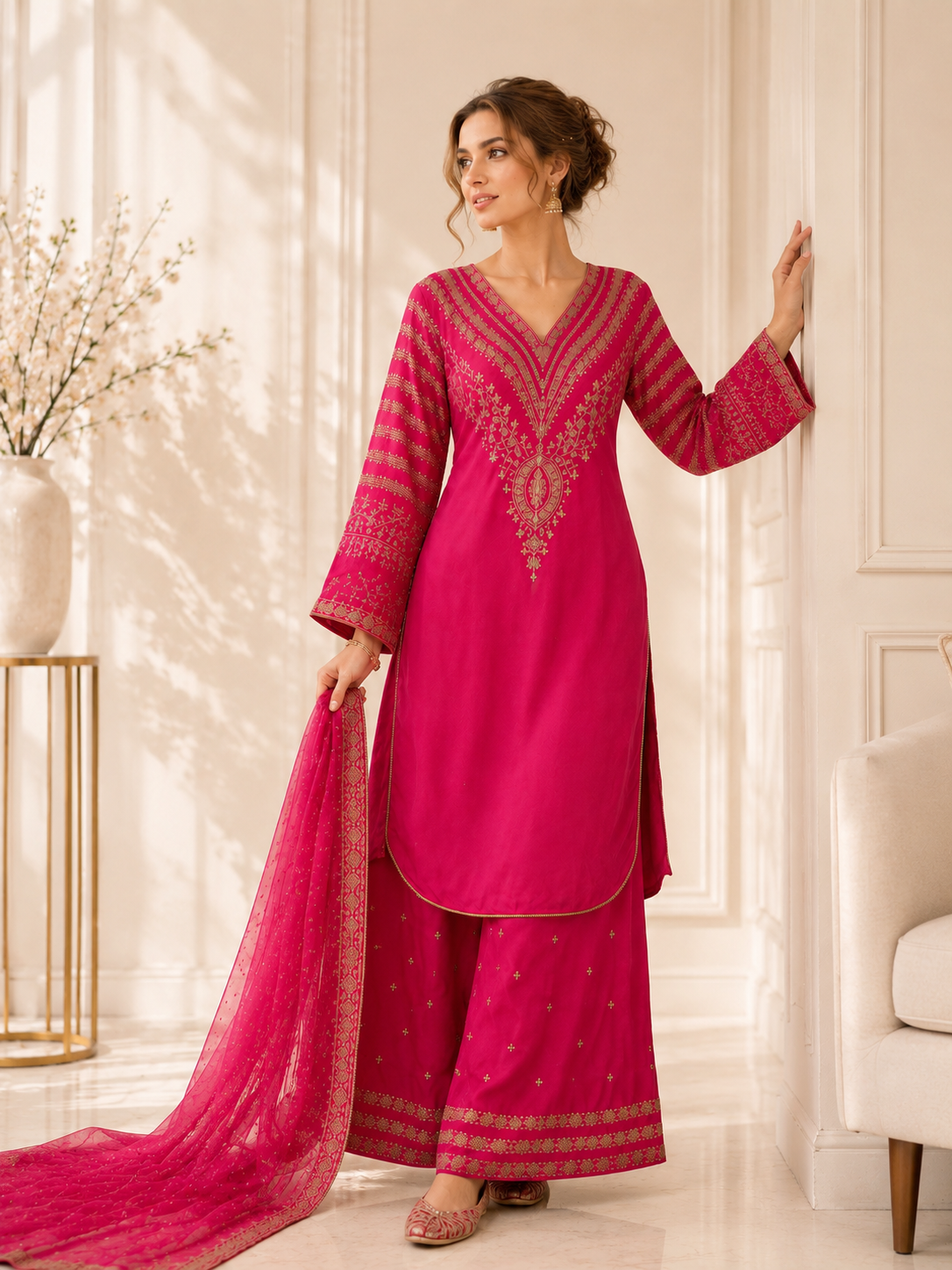 (295) Shocking Pink Viscose Palazzo Suit | Gold Thread & Sequin Work