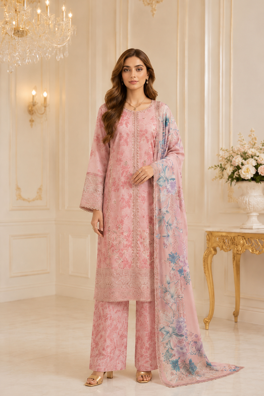 (212) Elegant Floral Printed Lawn Suit | Gold Thread & Sequin Embroidery