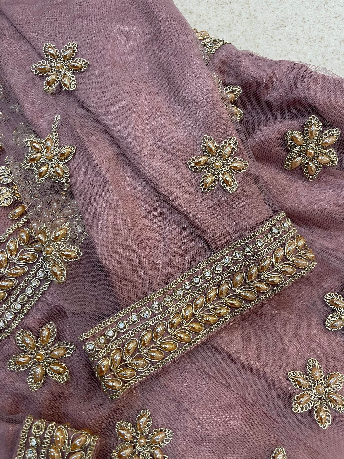 (143) Indian Mauve Sharara Suit - Heavy Diamante Embroidered Umbrella Dress