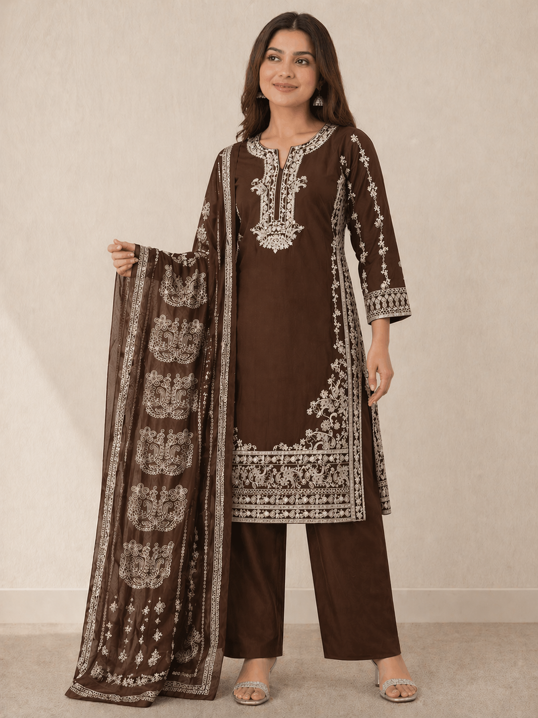 (97) Pakistani Brown Linen Suit | Zari Embroidery & Printed Dupatta