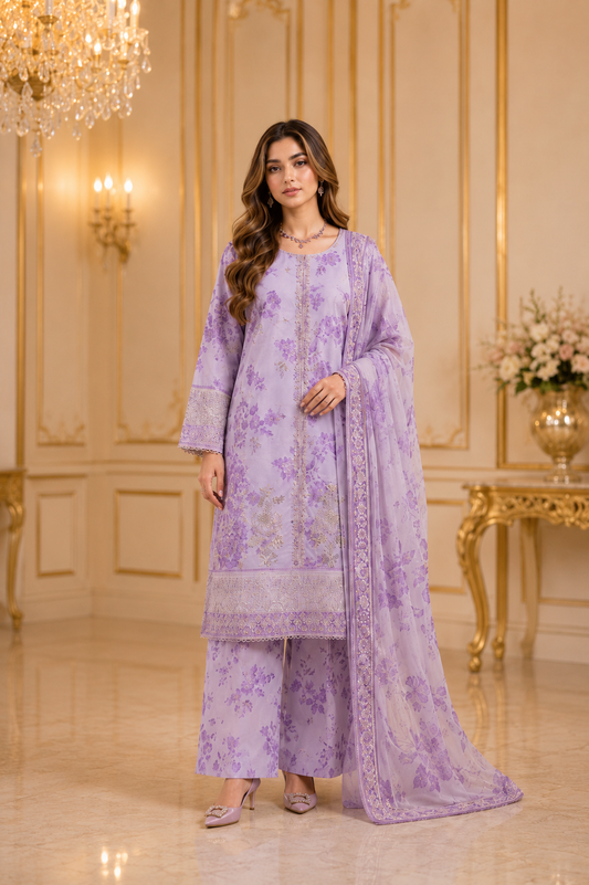 (217) Elegant Floral Printed Lawn Suit | Gold Thread & Sequin Embroidery