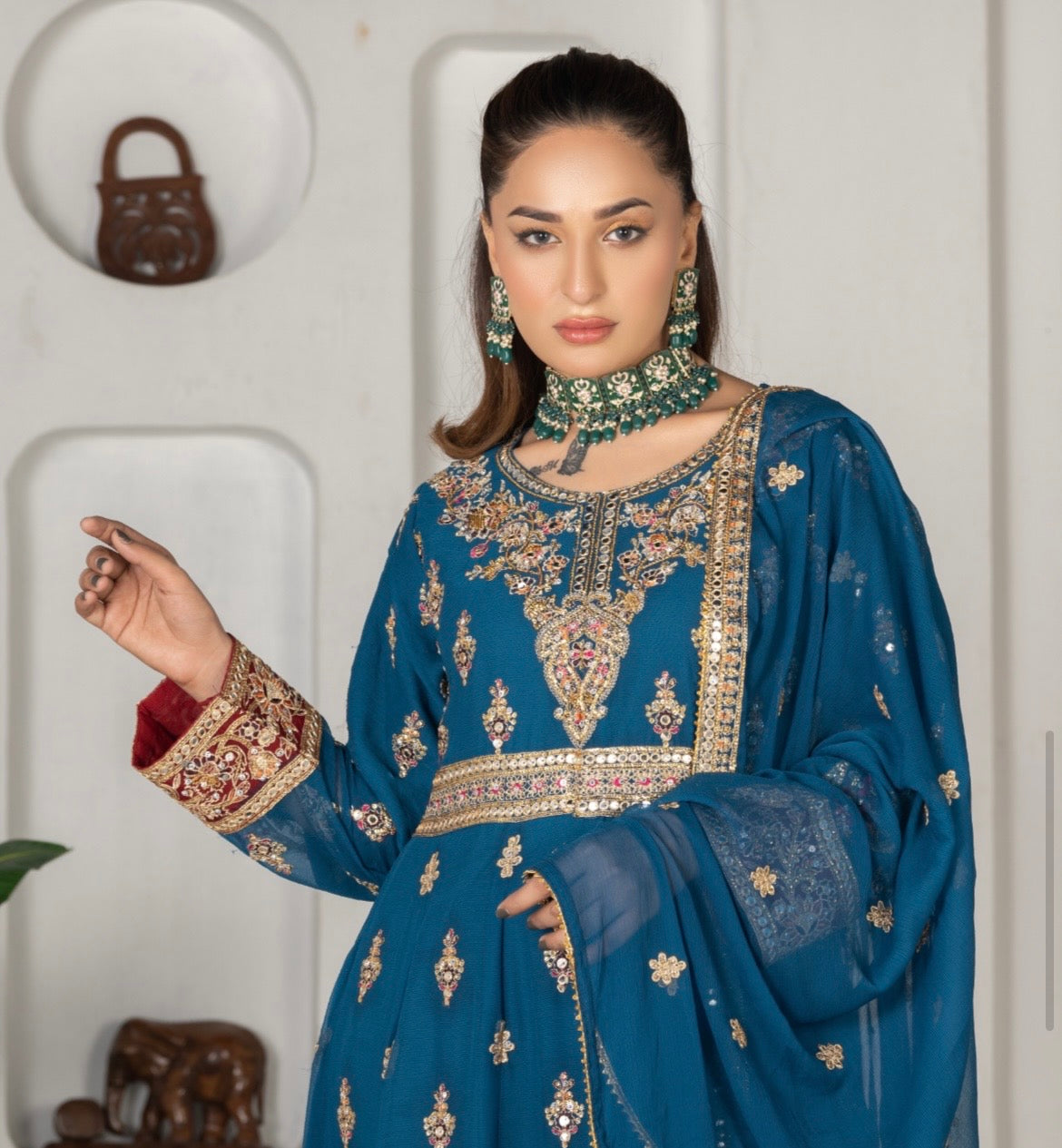 (105) Blue Crinkle Chiffon Anarkali | Gold Embroidery & Diamante Work