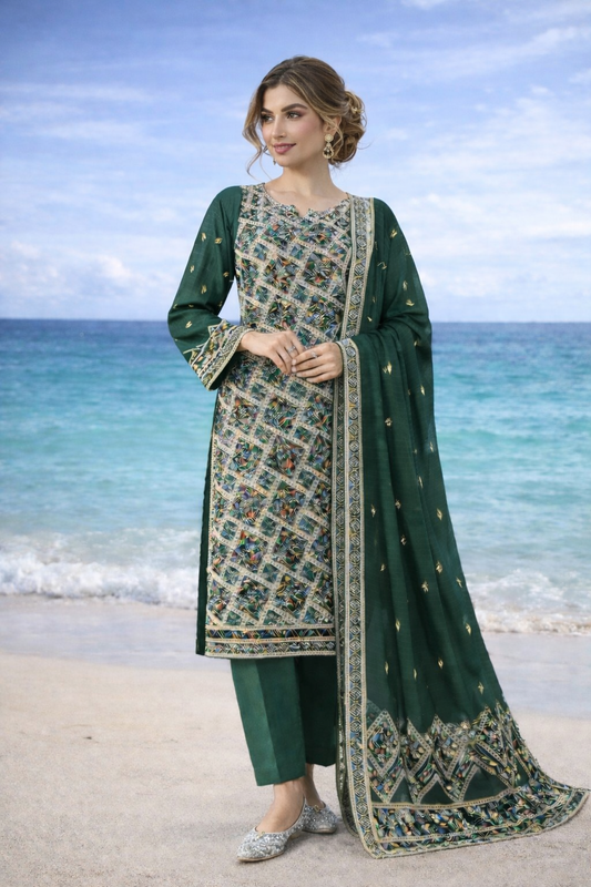 (356) Green Zari Lawn Suit | 4-Side Embroidered Dupatta | Ready to Wear
