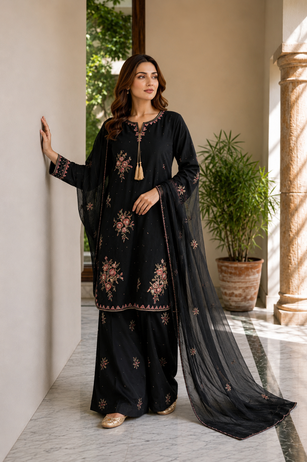 (354) Abeeha Elegant black Viscose Suit – A beautifully designed rounded kameez featuring delicate gold thread floral embroidery, paired with stylish palazzo trousers and a soft bamber dupatta