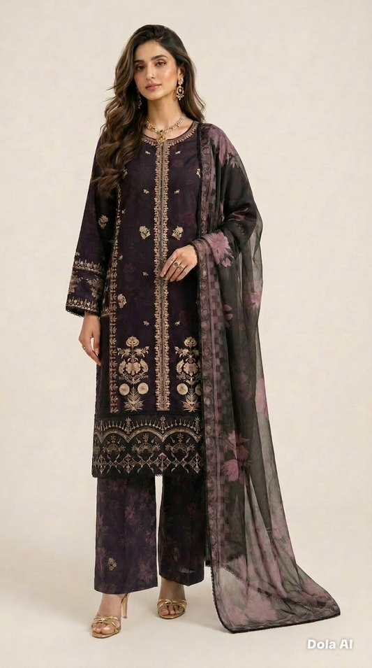 (218) Elegant Floral Printed Lawn Suit | Gold Thread & Sequin Embroidery