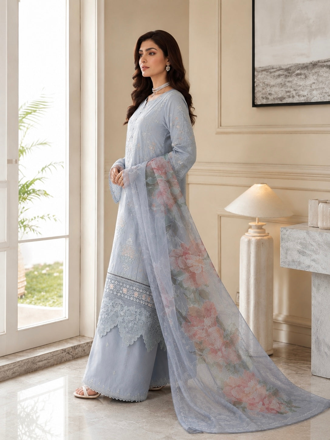 (27) Imrozia/serene viscose pastel floral lace embroidered pearl button plazzo khadi net dupatta ready to wear