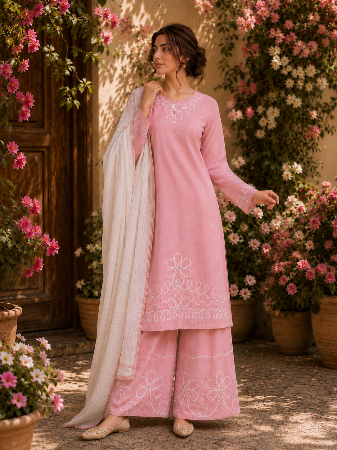 Elegant Linen lined pattern Suit
Crafted from breathable premium linen, this elegant ready-to-wear suit features beautiful white embroidery on the neckline, sleeves, kameez hem, and palazzo trousers.