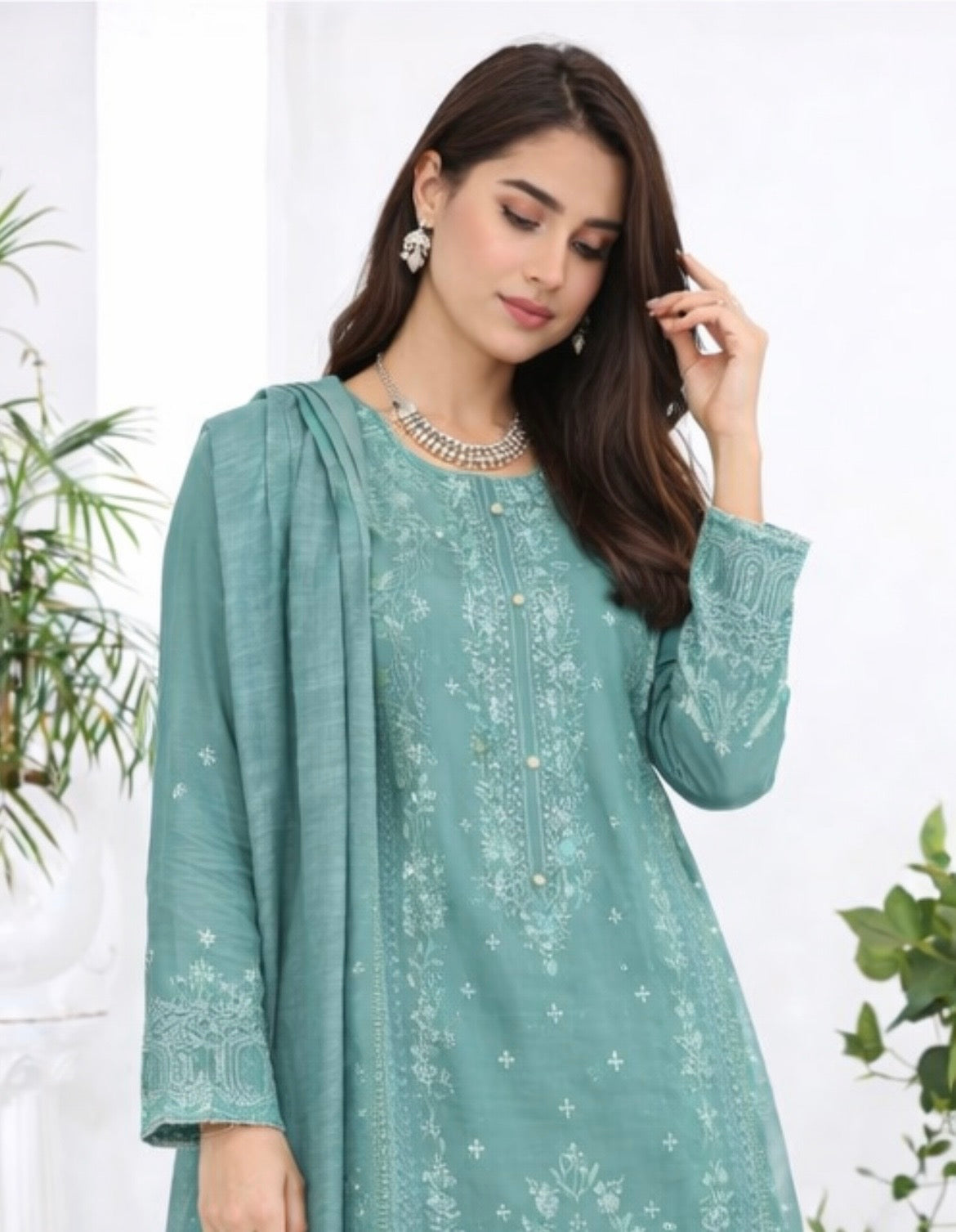 (349) Teal Chikankari Viscose Suit | Sequin Embroidery | Ready to Wear