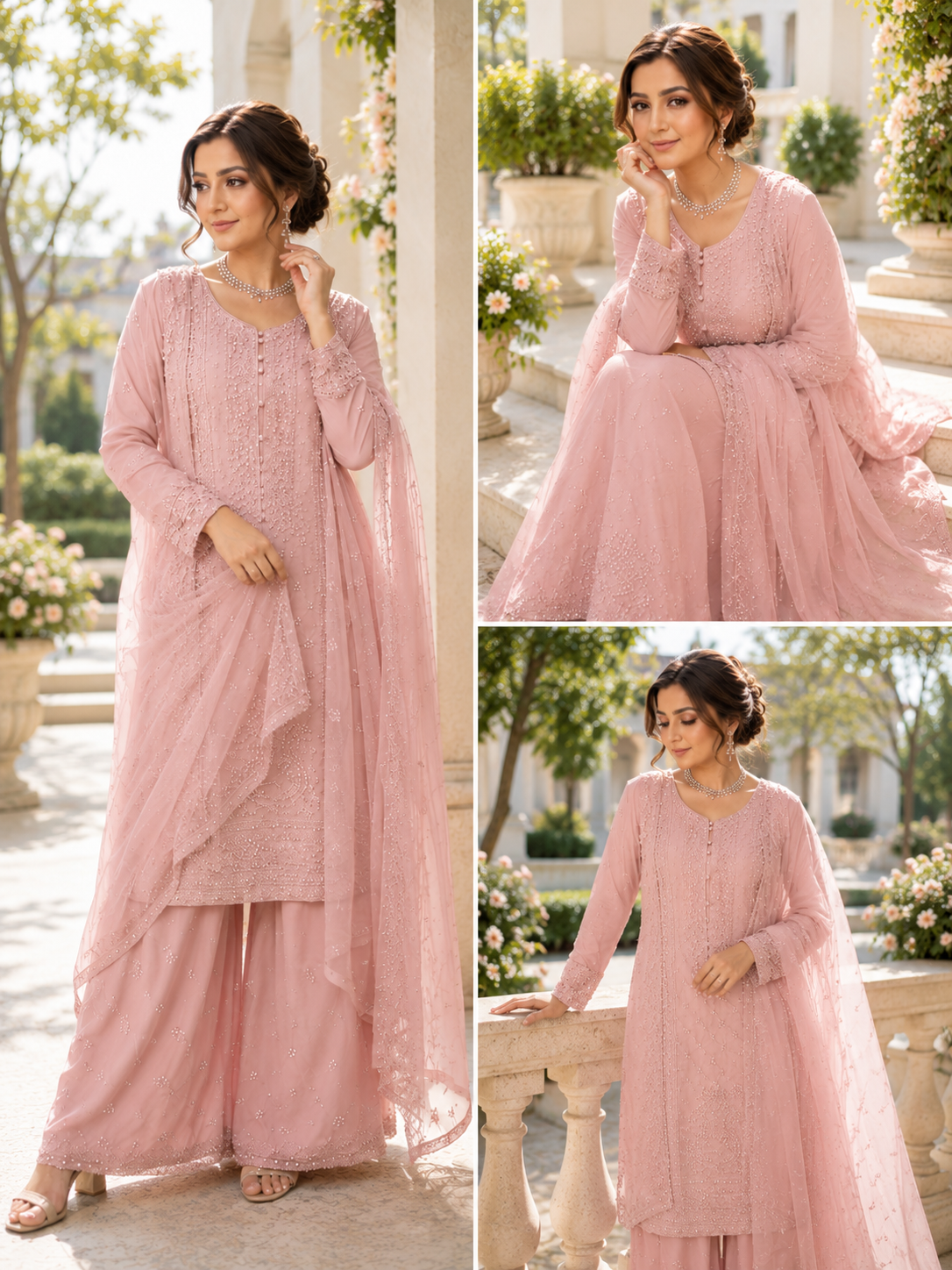 (287) Elegant Pink Chiffon Suit | Mirror, Bead & Sequin Embroidery