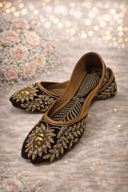 (S9) Handmade Suede Brown Khussa – Gold Embroidered Punjabi Jutti with Soft Foam & Non-Slip Sole
