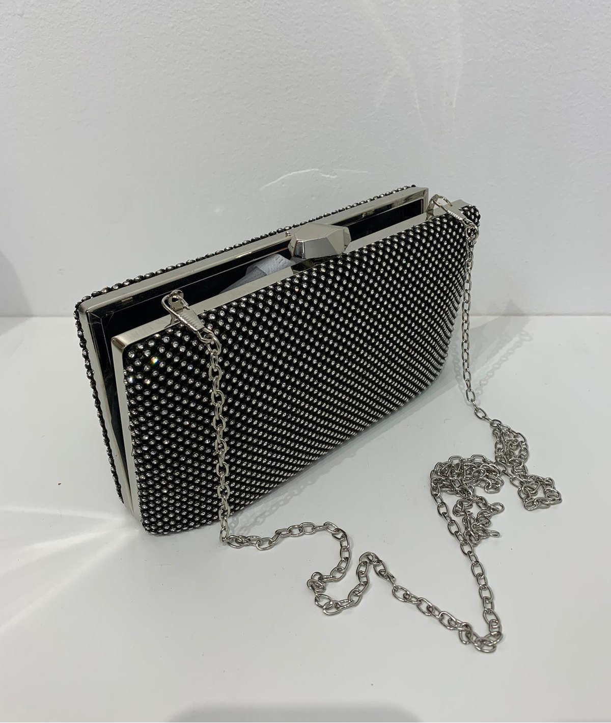 (237) Ladies Square Clutch Bag with Clasp Opening & Long Chain in Multiple Colours