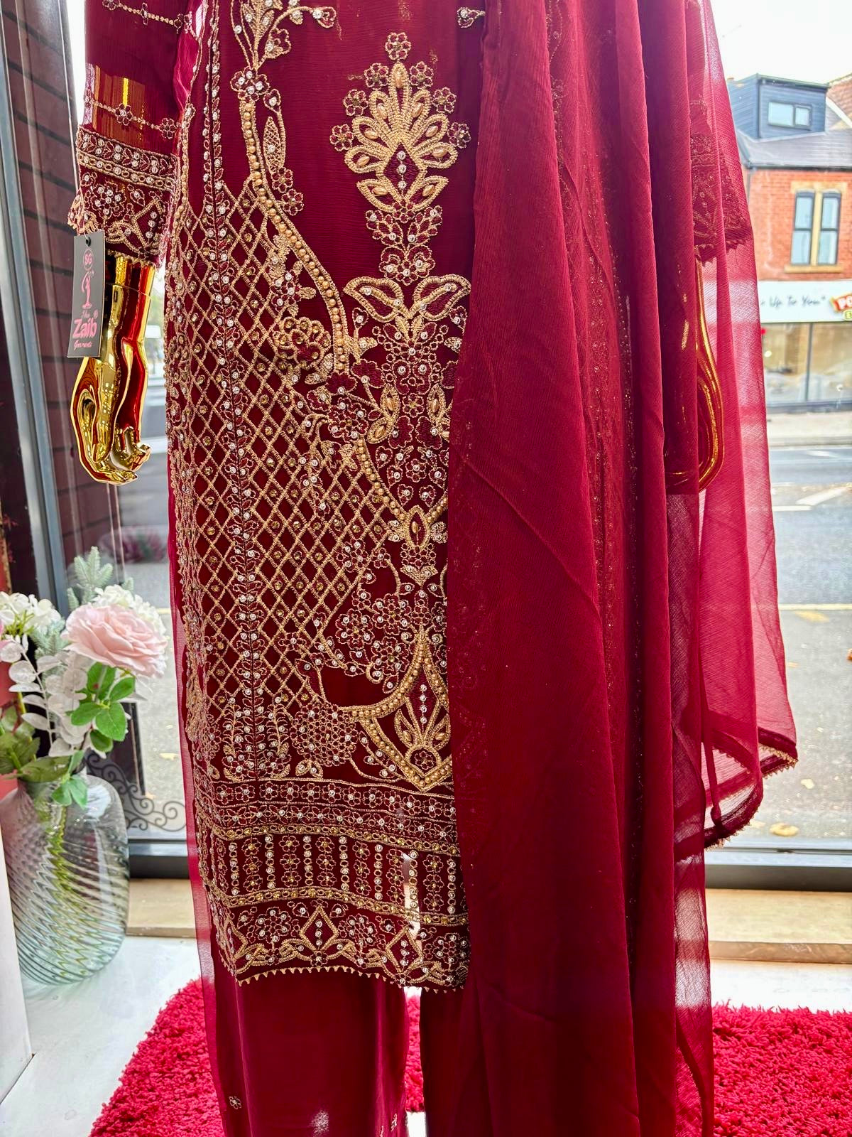(124) Luxury Zaib Red Embroidered Chiffon 3-Piece Pakistani Occasion Suit