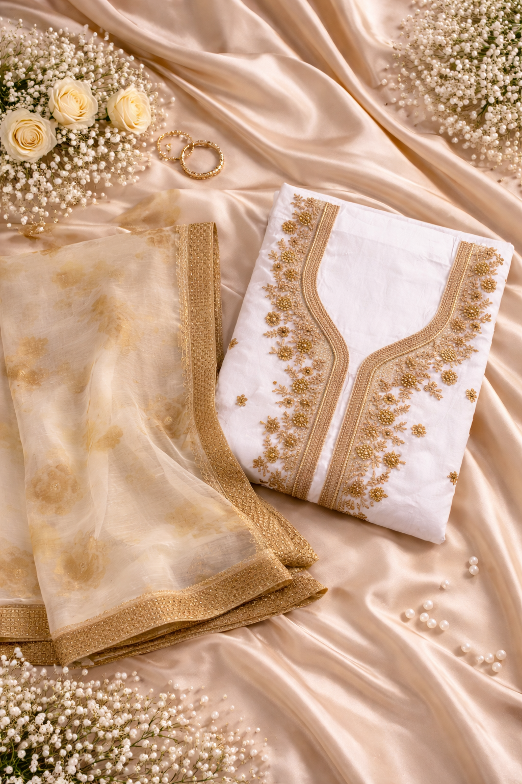 (7) Indian Cotton Hand Embroidered Unstitched Suit with Chiffon Dupatta