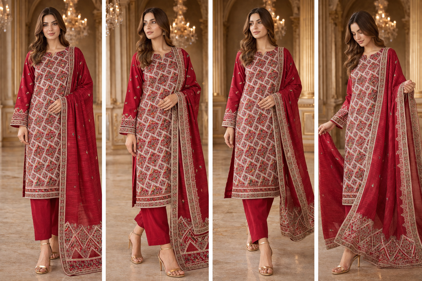 (360) Elegant red fancy zari lawn suit, ready-to-wear, beautifully crafted with intricate detailing and paired with a four-sided (chaar patti) richly embroidered dupatta for a complete graceful look.