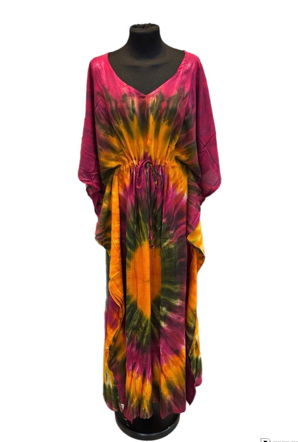 (105) Tie dye long butterfly kaftan dress viscose belted one size