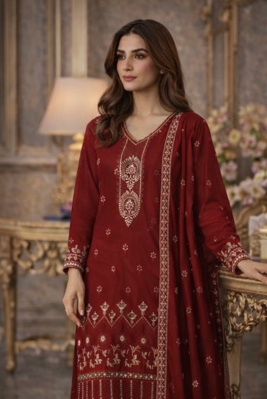 (346) Soft Lightweight Silky Viscose suit Embroidered Chiffon Dupatta Designed for Comfortable Ready-to-Wear Elegance