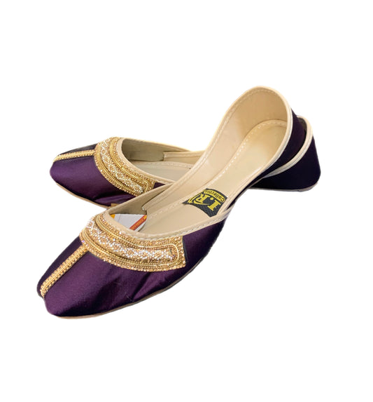 (S38) Handmade Satin Khusa – Gold Embroidered Punjabi Jutti with Soft Foam Comfort