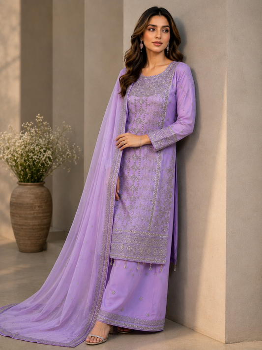 (147) elegant lillac gold embroidered chiffon fully lined detailed plazzo ready to wear