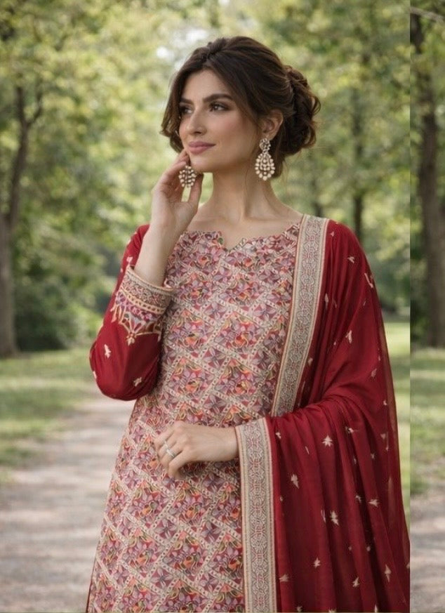 (360) Elegant red fancy zari lawn suit, ready-to-wear, beautifully crafted with intricate detailing and paired with a four-sided (chaar patti) richly embroidered dupatta for a complete graceful look.