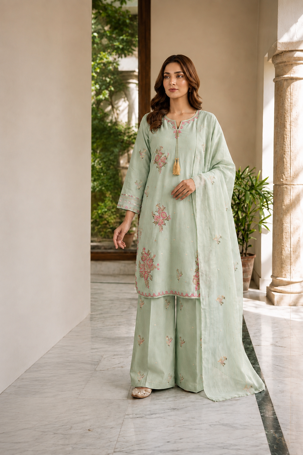 (356) Abeeha Elegant Light Green Viscose Suit – A beautifully designed rounded kameez featuring delicate gold thread floral embroidery, paired with stylish palazzo trousers and a soft bamber dupatta.