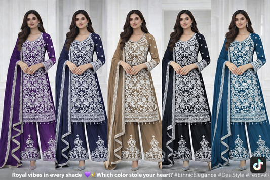 (46) Pakistani Black Thread Embroidered Ready to Wear 3 Piece Suit with Chiffon Palazzo and Dupatta