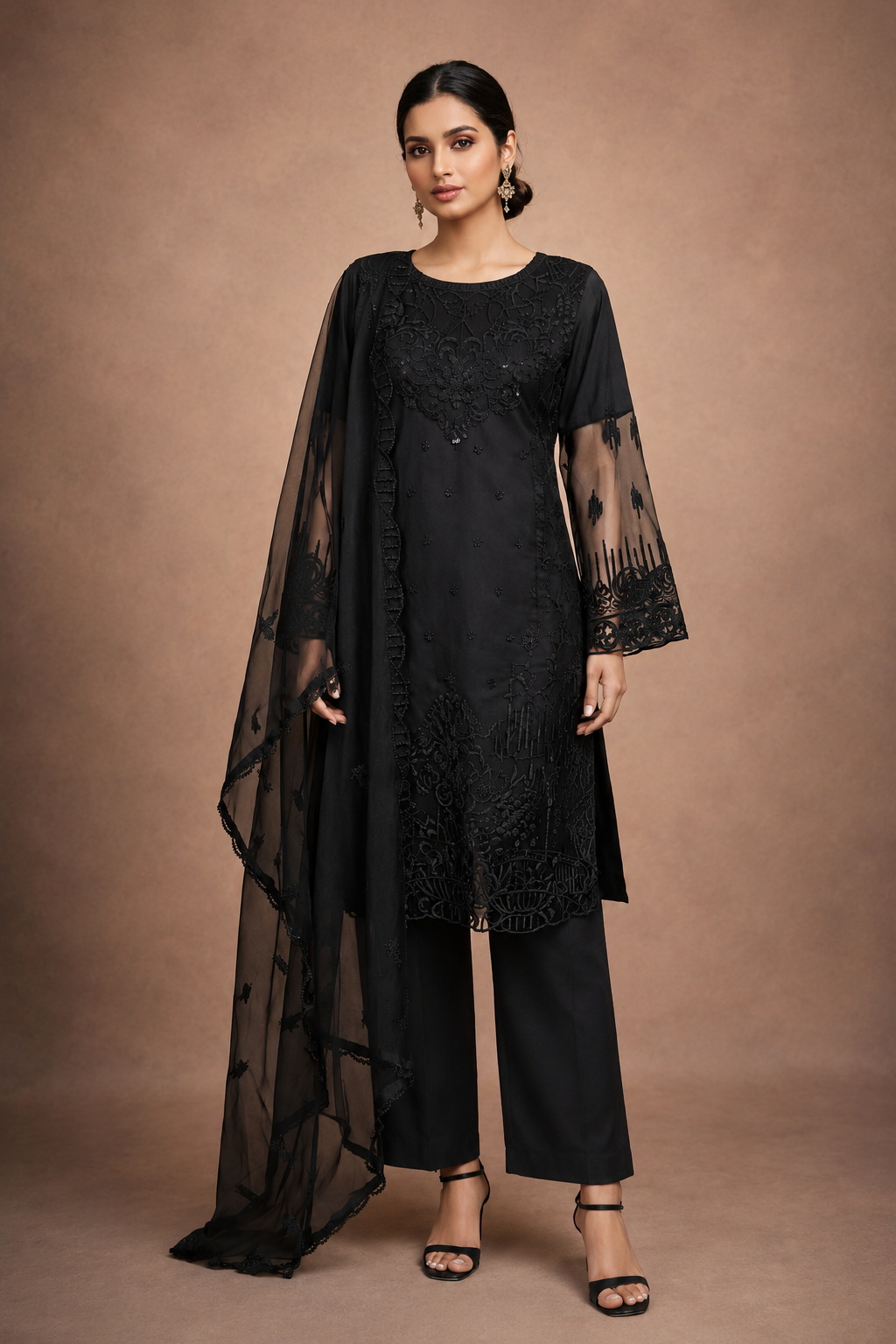 (222) Pakistani Organza Frock Sequined Thread Embroidered Ready Made Suit