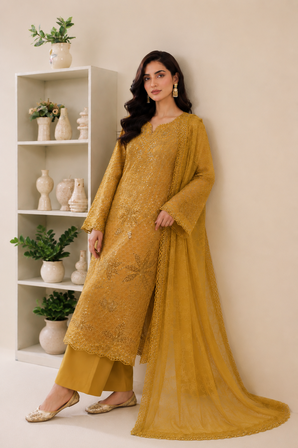 (182) Maria b inspired embroidered arabic lawn lace cutwork pearl sequins printed tissue silk dupatta ready to wear