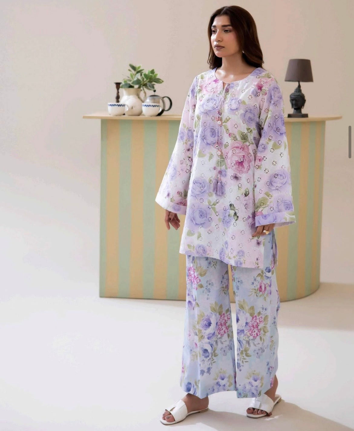 (38) Adan’s schiffli floral chickankari printed voil lawn shirt lawn trousers co ord set