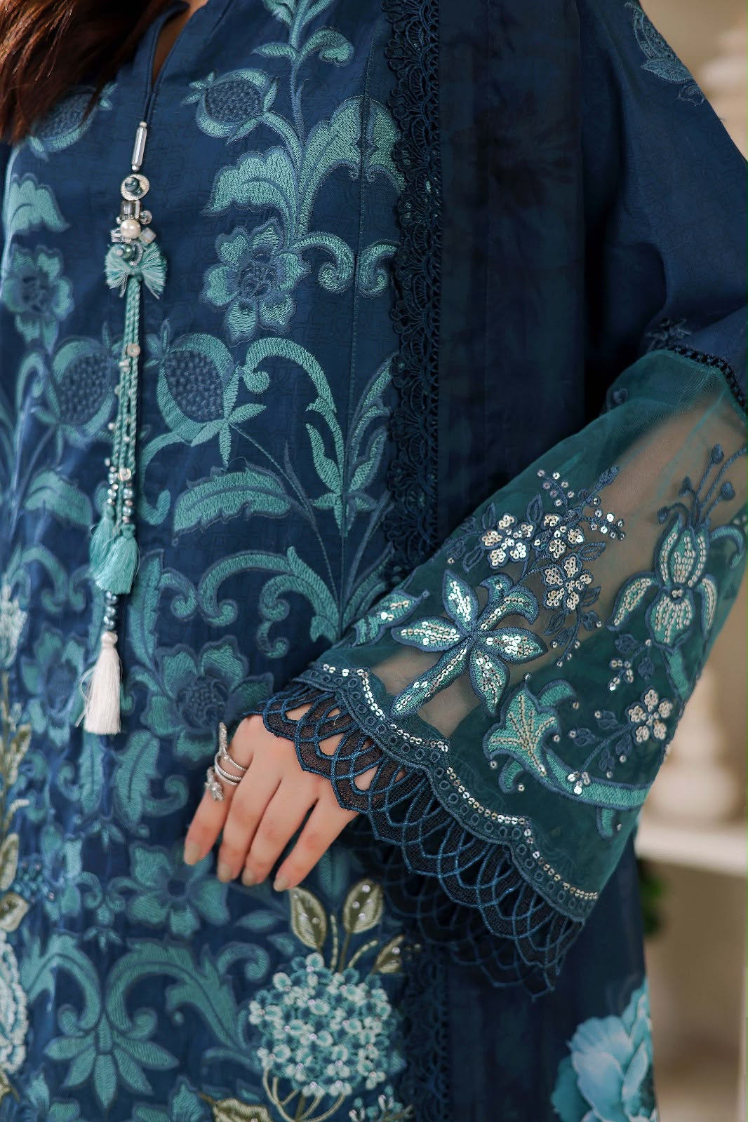 (352) Maria b inspired embroidered arabic lawn embellished pearl sequin printed tissue silk dupatta ready to wear